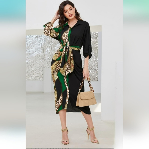 Patchwork Print Roll Tab Sleeve Belted Shirt Dress Elegant Slim-fit - Picture 1 of 3